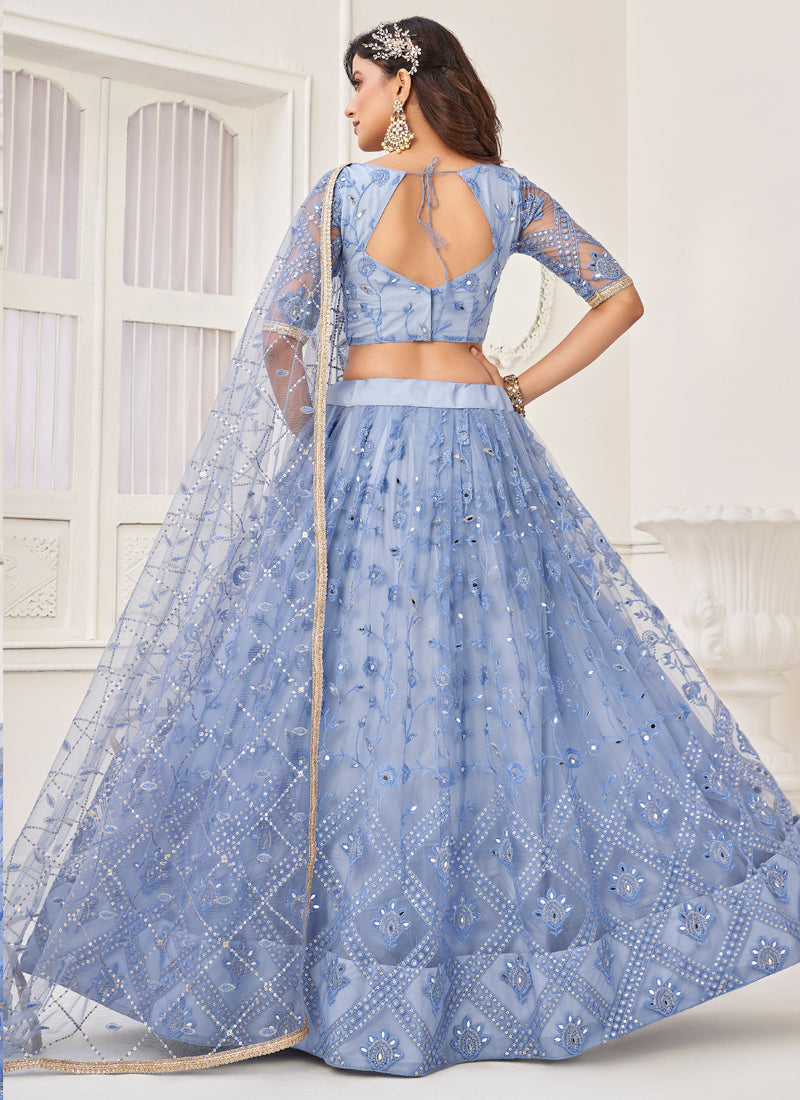 Vegaa Fashion Sky Blue Butterfly Net Embroidery Thread Designer Lehenga | Grocsy