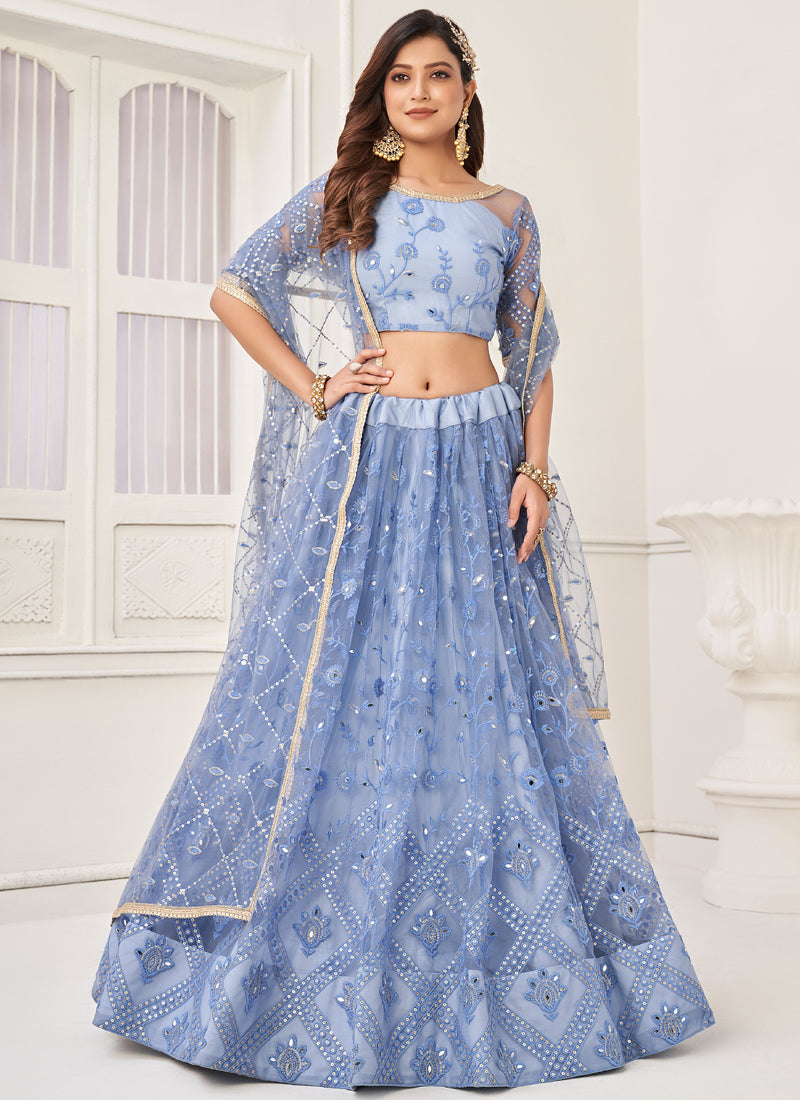 Vegaa Fashion Sky Blue Butterfly Net Embroidery Thread Designer Lehenga | Grocsy