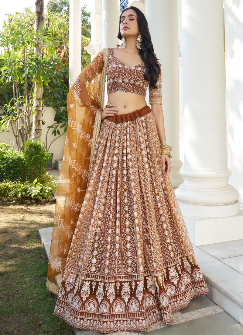 Vegaa Fashion Brown Butterfly Net Embroidery Thread Designer Lehenga | Grocsy