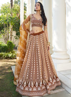 Vegaa Fashion Brown Butterfly Net Embroidery Thread Designer Lehenga | Grocsy