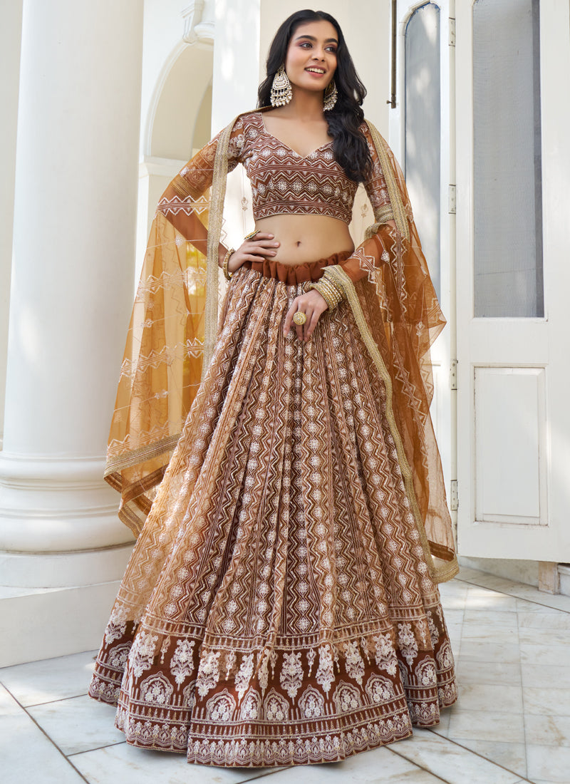 Vegaa Fashion Brown Butterfly Net Embroidery Thread Designer Lehenga | Grocsy