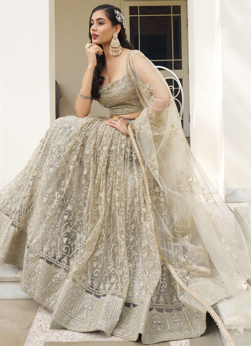 Vegaa Fashion Ivory Butterfly Net Embroidery Thread Designer Lehenga | Grocsy
