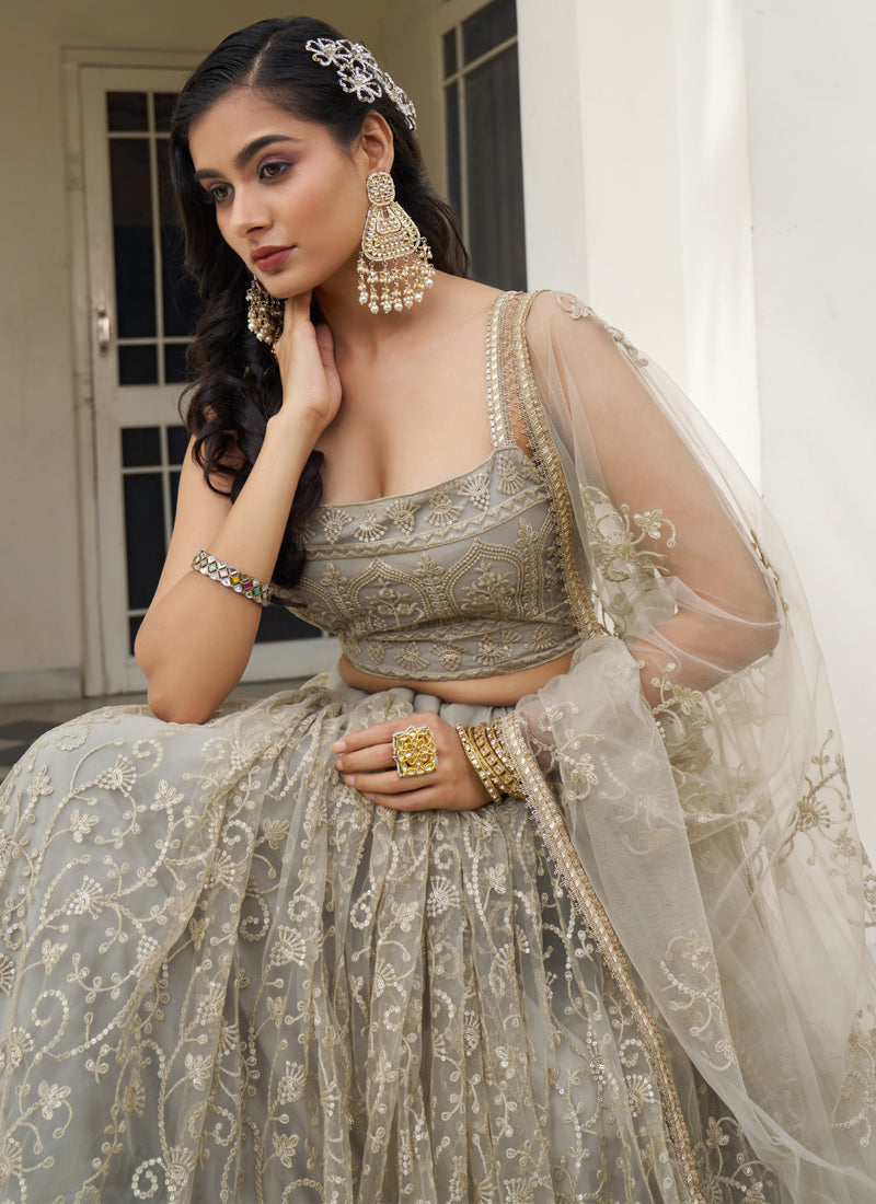 Vegaa Fashion Ivory Butterfly Net Embroidery Thread Designer Lehenga | Grocsy