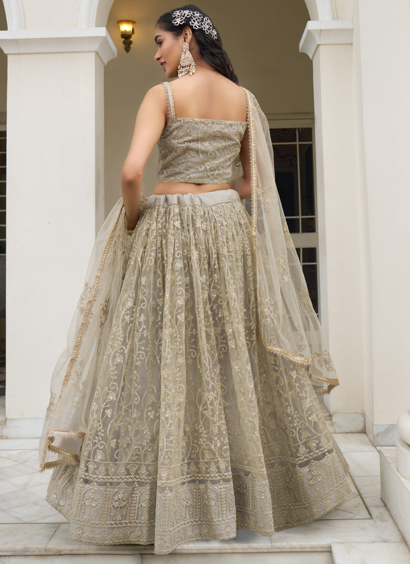 Vegaa Fashion Ivory Butterfly Net Embroidery Thread Designer Lehenga | Grocsy
