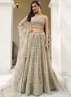 Vegaa Fashion Ivory Butterfly Net Embroidery Thread Designer Lehenga | Grocsy