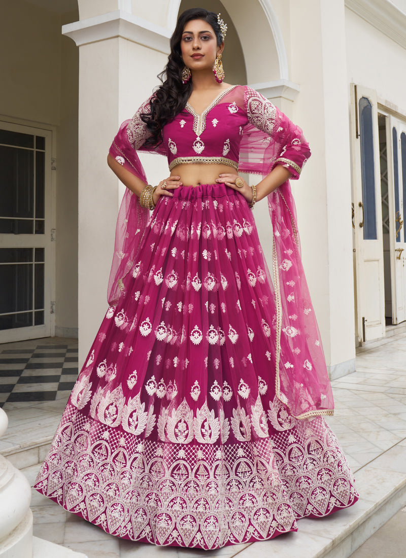 Vegaa Fashion Pink Butterfly Net Embroidery Thread Designer Lehenga | Grocsy