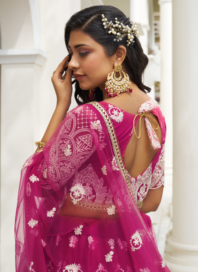 Vegaa Fashion Pink Butterfly Net Embroidery Thread Designer Lehenga | Grocsy