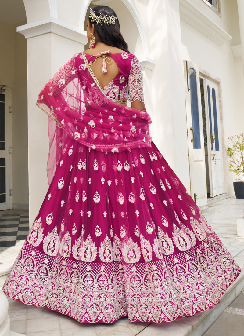 Vegaa Fashion Pink Butterfly Net Embroidery Thread Designer Lehenga | Grocsy