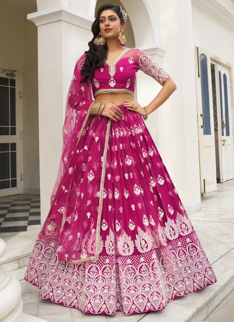 Vegaa Fashion Pink Butterfly Net Embroidery Thread Designer Lehenga | Grocsy