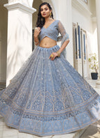 Vegaa Fashion Sky Blue Butterfly Net Embroidery Thread Designer Lehenga | Grocsy