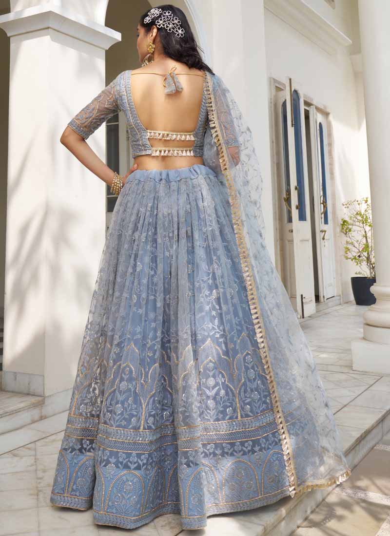 Vegaa Fashion Sky Blue Butterfly Net Embroidery Thread Designer Lehenga | Grocsy