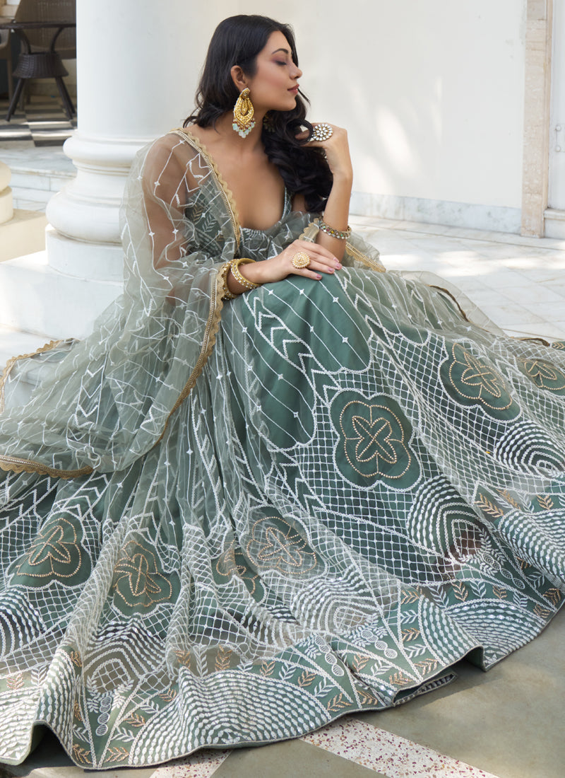 Vegaa Fashion Dusty Green Butterfly Net Embroidery Thread Designer Lehenga | Grocsy