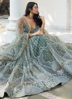 Vegaa Fashion Dusty Green Butterfly Net Embroidery Thread Designer Lehenga | Grocsy