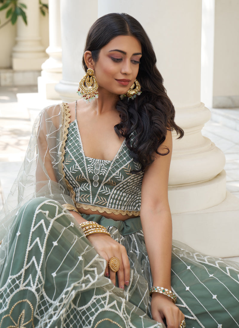 Vegaa Fashion Dusty Green Butterfly Net Embroidery Thread Designer Lehenga | Grocsy