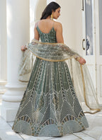 Vegaa Fashion Dusty Green Butterfly Net Embroidery Thread Designer Lehenga | Grocsy