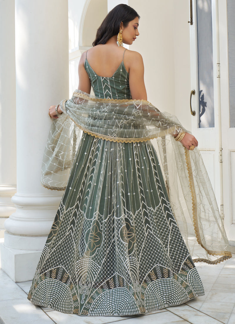 Vegaa Fashion Dusty Green Butterfly Net Embroidery Thread Designer Lehenga | Grocsy