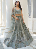 Vegaa Fashion Dusty Green Butterfly Net Embroidery Thread Designer Lehenga | Grocsy