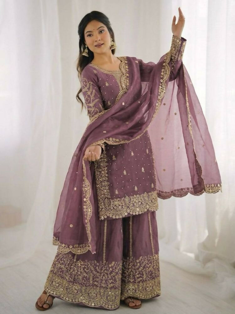 Teeya Creation Onion Color Fendy Silk Embroidery Work Wedding Wear Salwar Suit | Grocsy