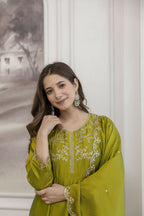 The52 Light Green Women's Beautiful Vichitra Silk Fabric Embroidered Work Flared Anarkali Pant and Dupatta Set | Grocsy