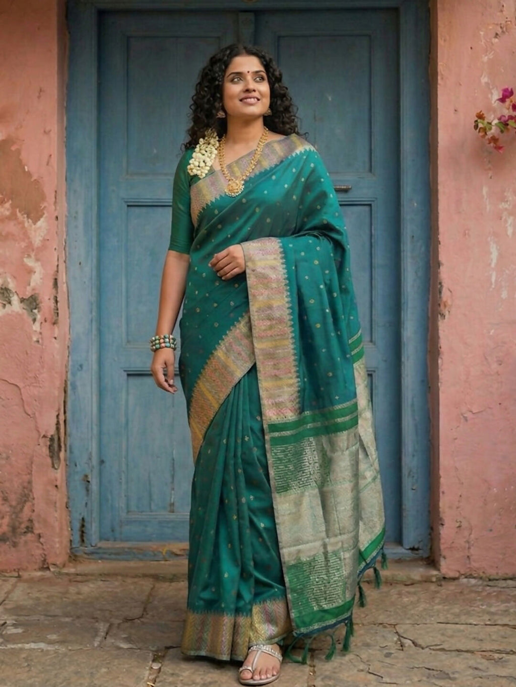 Shree Shyam Fashion Dark Green Silk Blend Saree | Grocsy