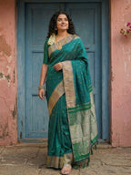 Shree Shyam Fashion Dark Green Silk Blend Saree | Grocsy