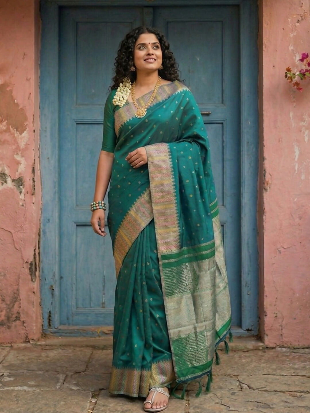 Shree Shyam Fashion Dark Green Silk Blend Saree | Grocsy