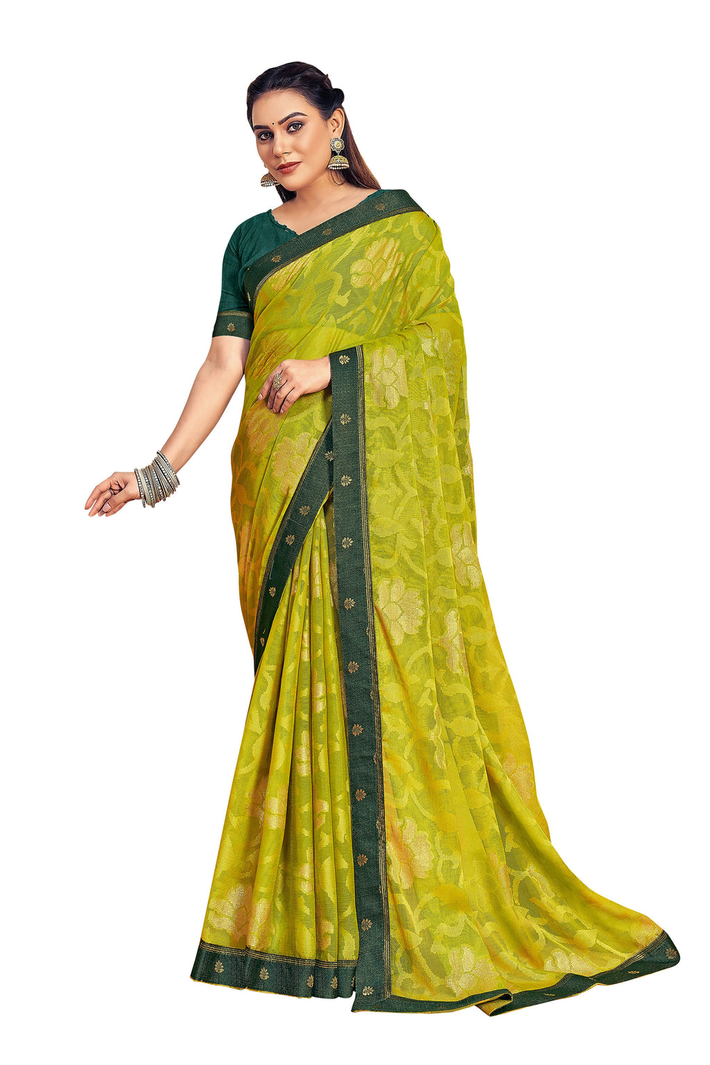 Vamika Light Green Designer Chiffon Brasso Saree With Exclusive Banarasi Lace | Grocsy