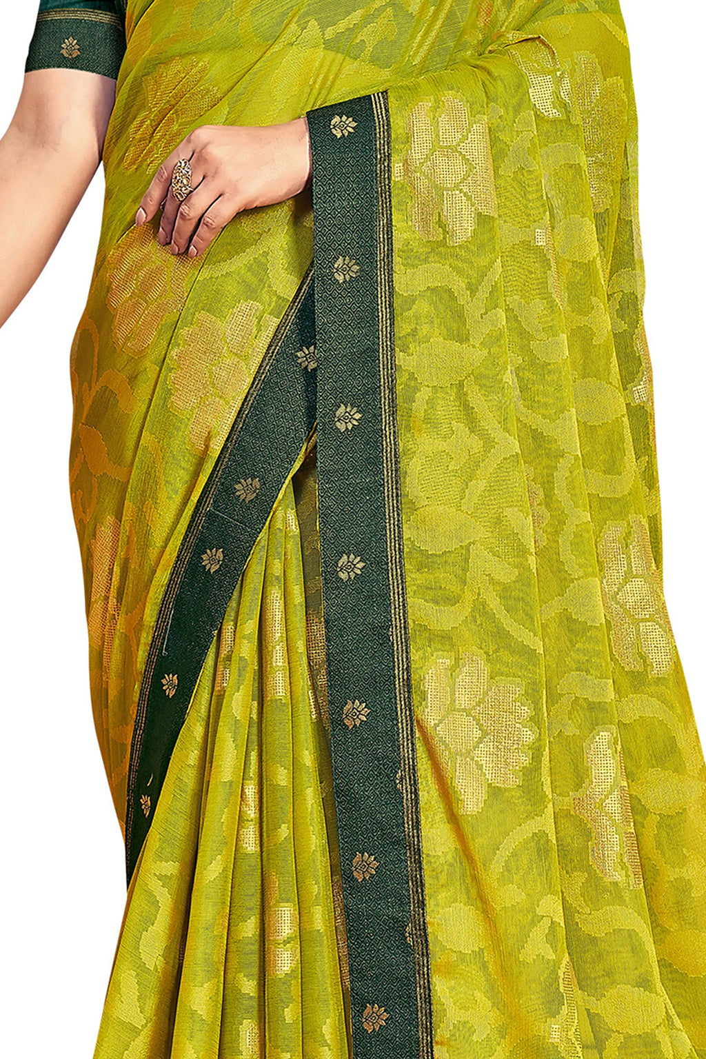 Vamika Light Green Designer Chiffon Brasso Saree With Exclusive Banarasi Lace | Grocsy