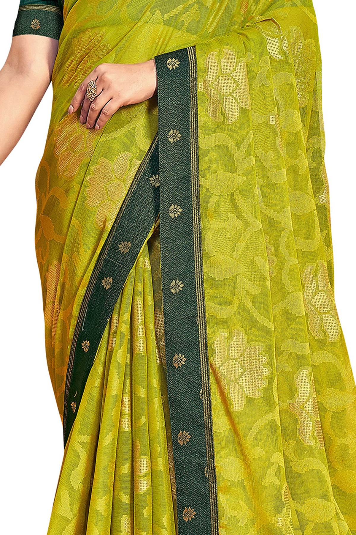 Vamika Light Green Designer Chiffon Brasso Saree With Exclusive Banarasi Lace | Grocsy