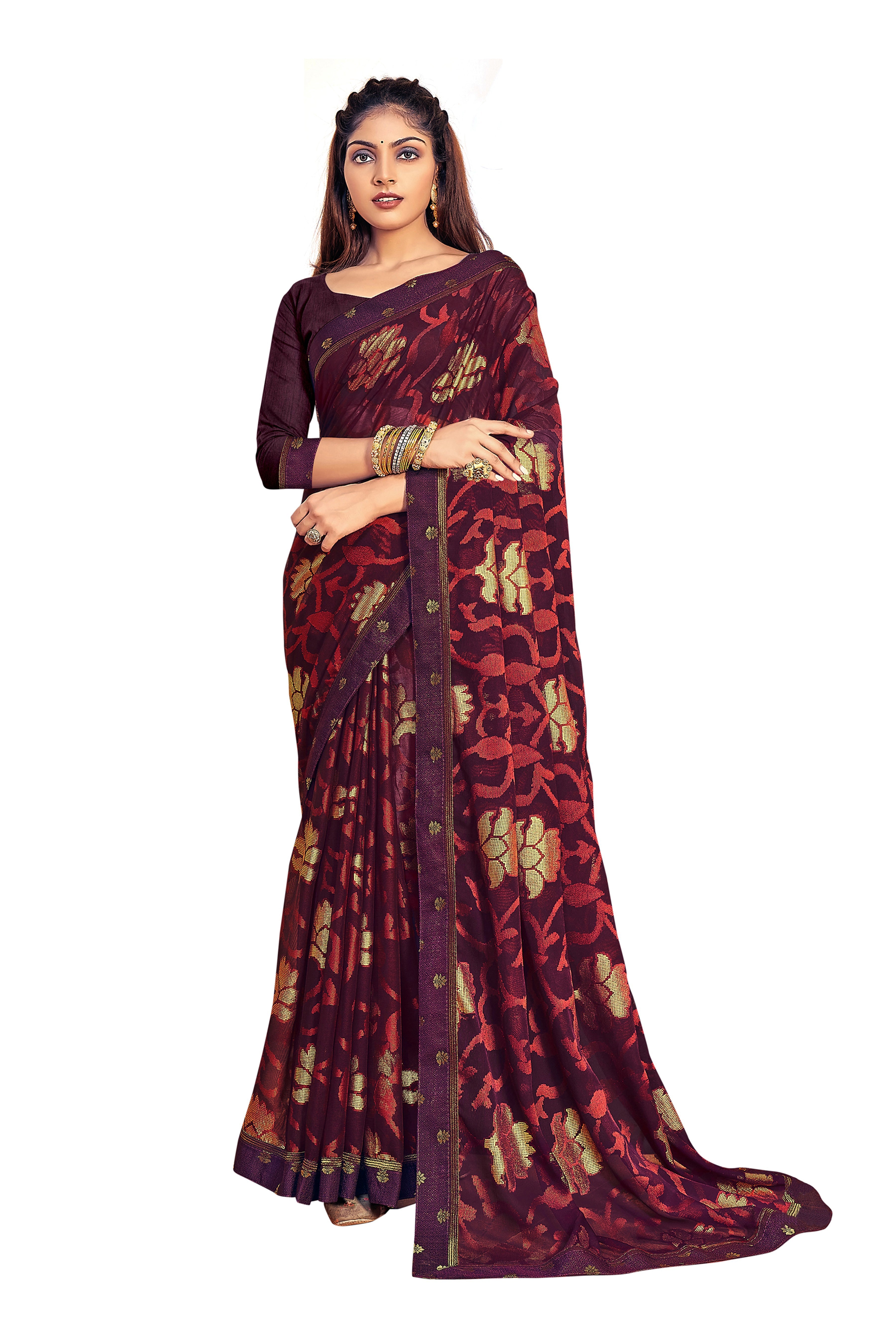 Vamika Whine Designer Chiffon Brasso Saree With Exclusive Banarasi Lace | Grocsy