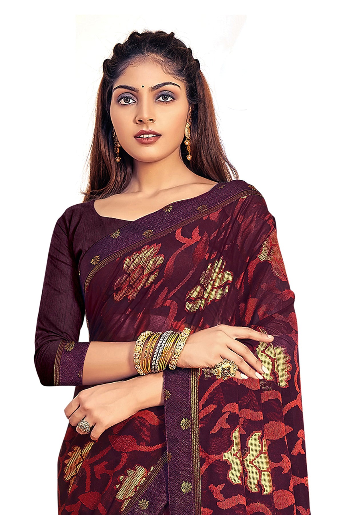 Vamika Whine Designer Chiffon Brasso Saree With Exclusive Banarasi Lace | Grocsy
