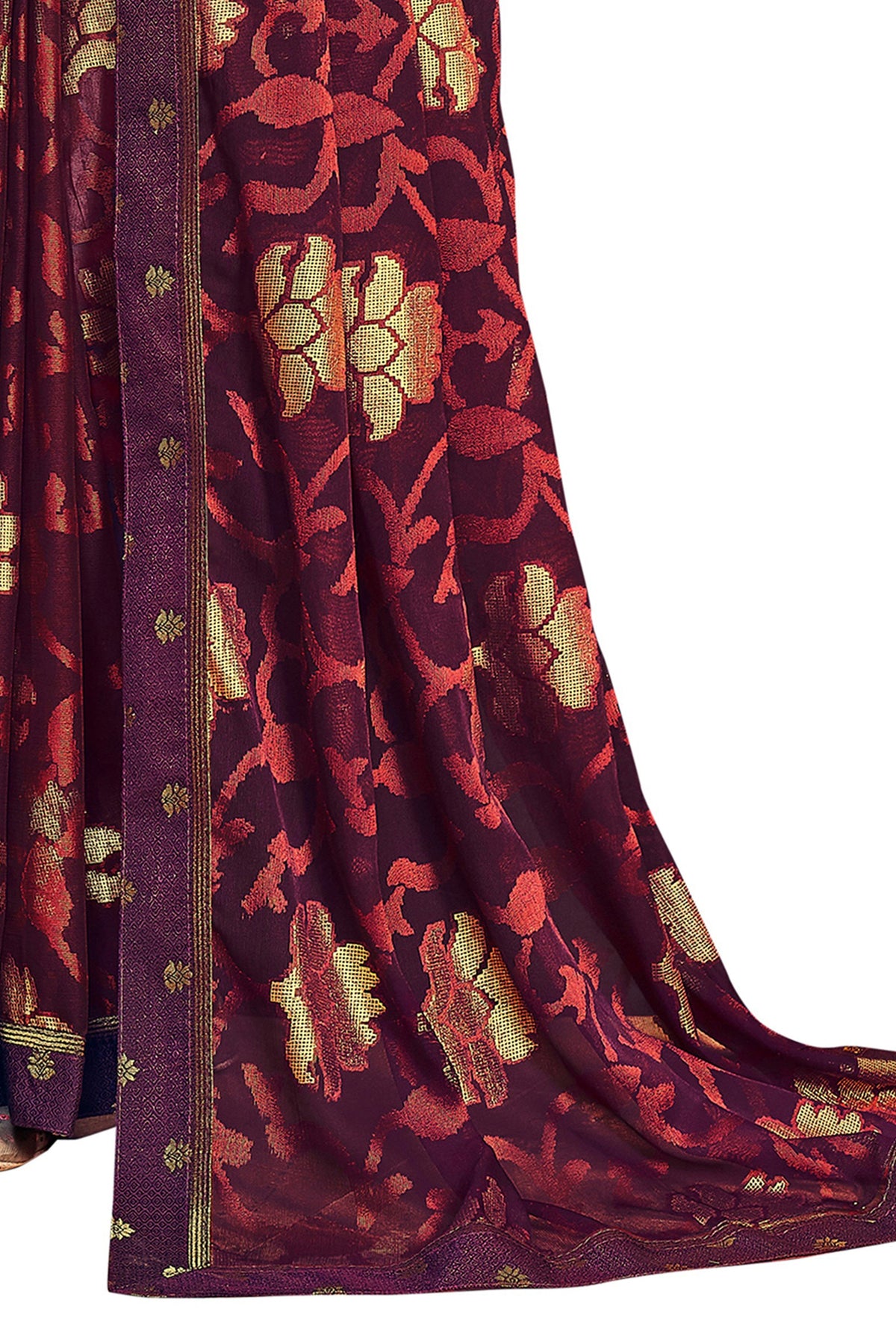 Vamika Whine Designer Chiffon Brasso Saree With Exclusive Banarasi Lace | Grocsy