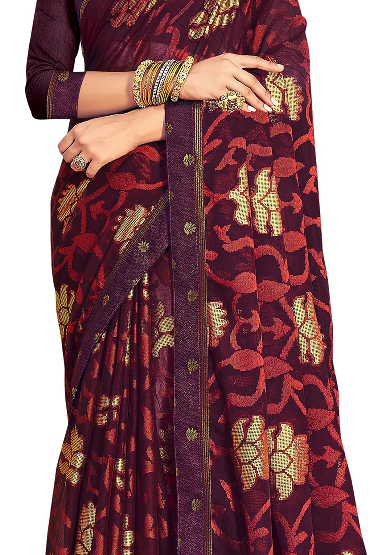 Vamika Whine Designer Chiffon Brasso Saree With Exclusive Banarasi Lace | Grocsy