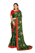 Vamika Dark Green Designer Chiffon Brasso Saree With Exclusive Banarasi Lace | Grocsy