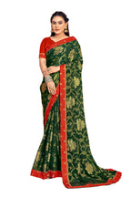 Vamika Dark Green Designer Chiffon Brasso Saree With Exclusive Banarasi Lace | Grocsy