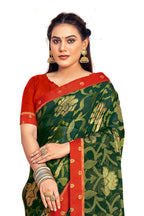 Vamika Dark Green Designer Chiffon Brasso Saree With Exclusive Banarasi Lace | Grocsy