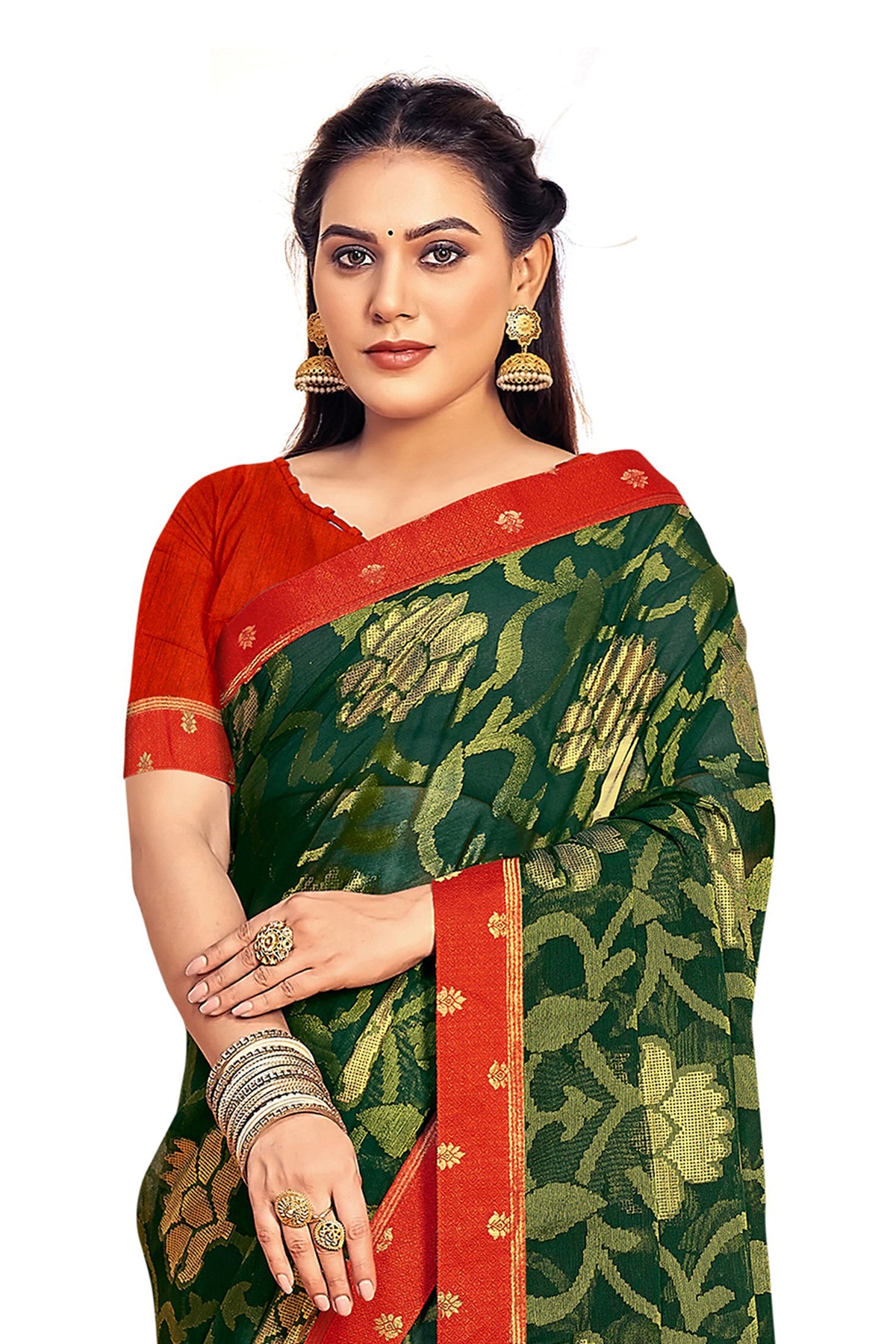 Vamika Dark Green Designer Chiffon Brasso Saree With Exclusive Banarasi Lace | Grocsy