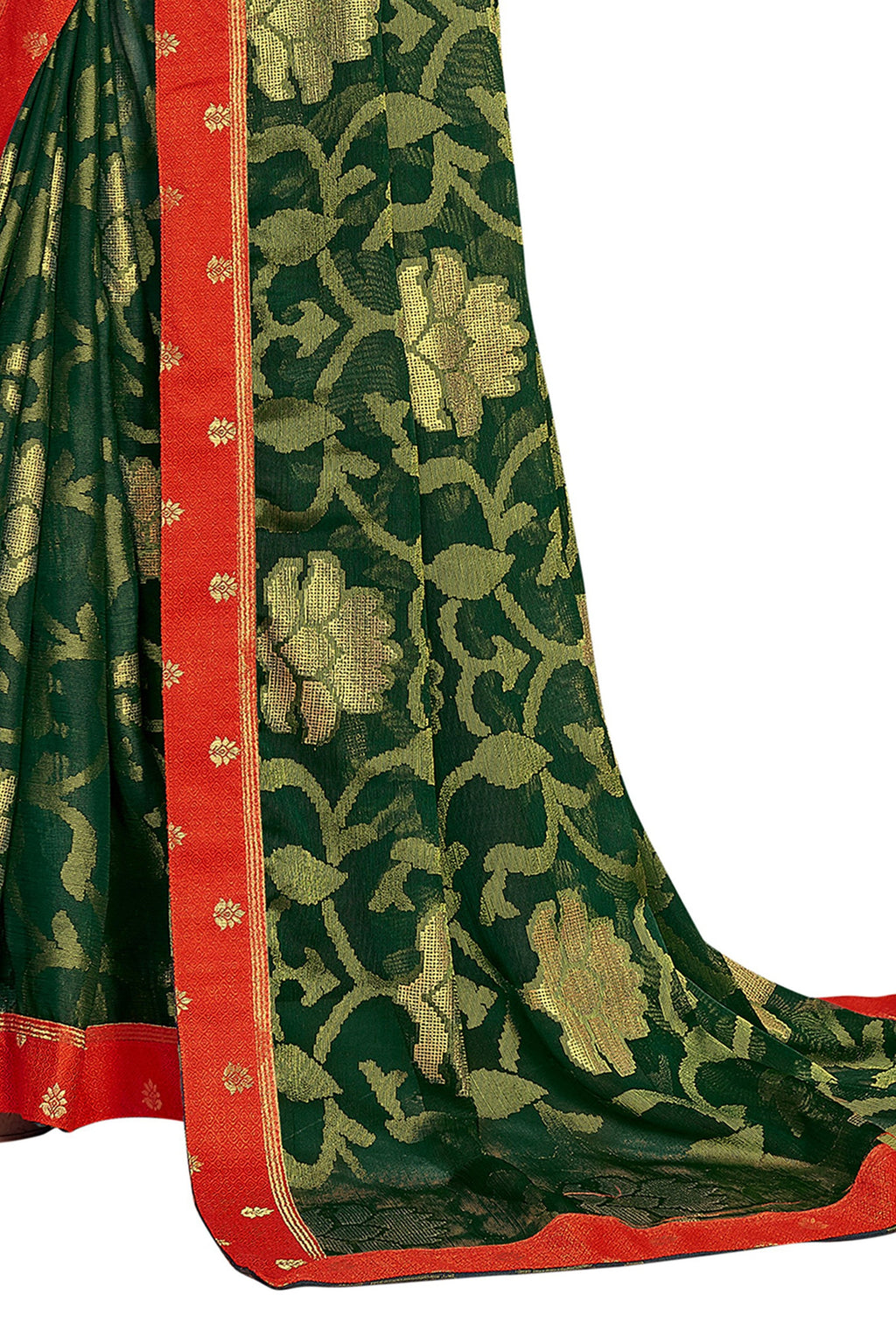 Vamika Dark Green Designer Chiffon Brasso Saree With Exclusive Banarasi Lace | Grocsy