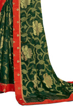Vamika Dark Green Designer Chiffon Brasso Saree With Exclusive Banarasi Lace | Grocsy