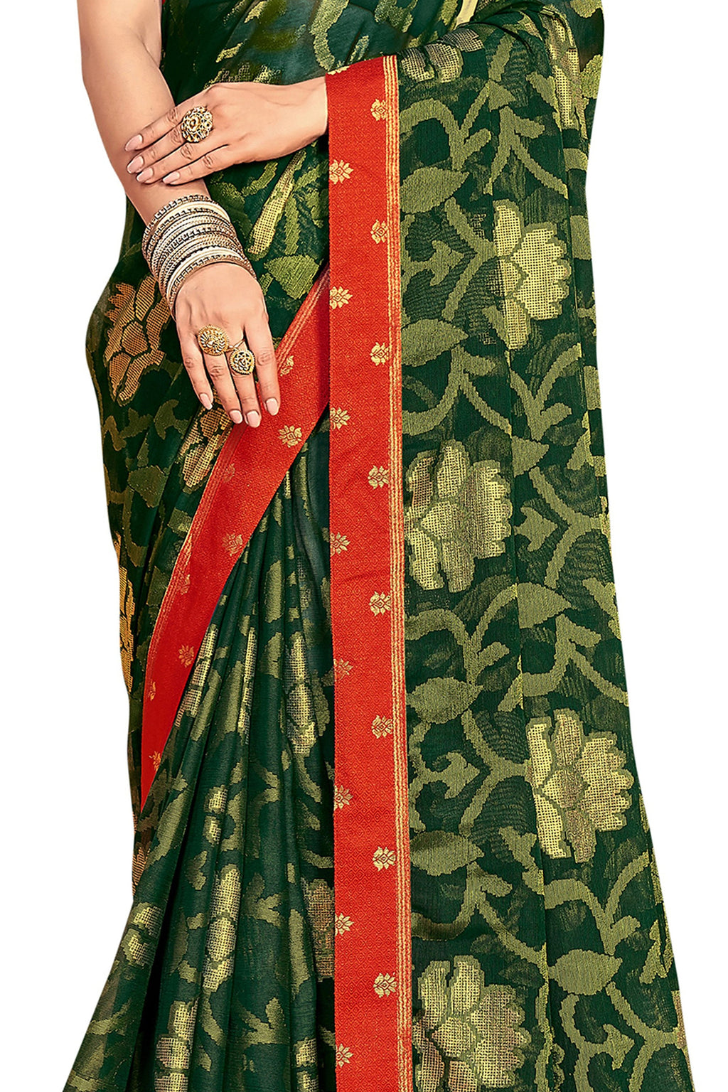 Vamika Dark Green Designer Chiffon Brasso Saree With Exclusive Banarasi Lace | Grocsy