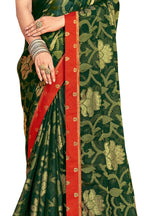 Vamika Dark Green Designer Chiffon Brasso Saree With Exclusive Banarasi Lace | Grocsy