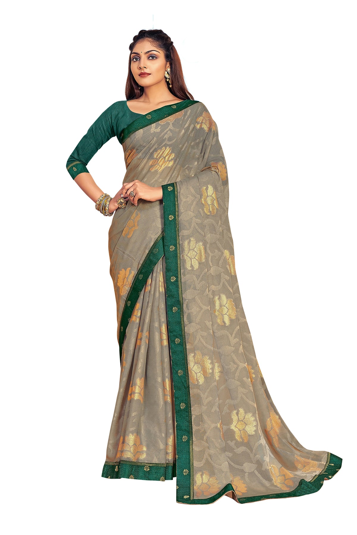 Vamika Grey Designer Chiffon Brasso Saree With Exclusive Banarasi Lace | Grocsy