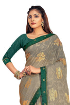 Vamika Grey Designer Chiffon Brasso Saree With Exclusive Banarasi Lace | Grocsy