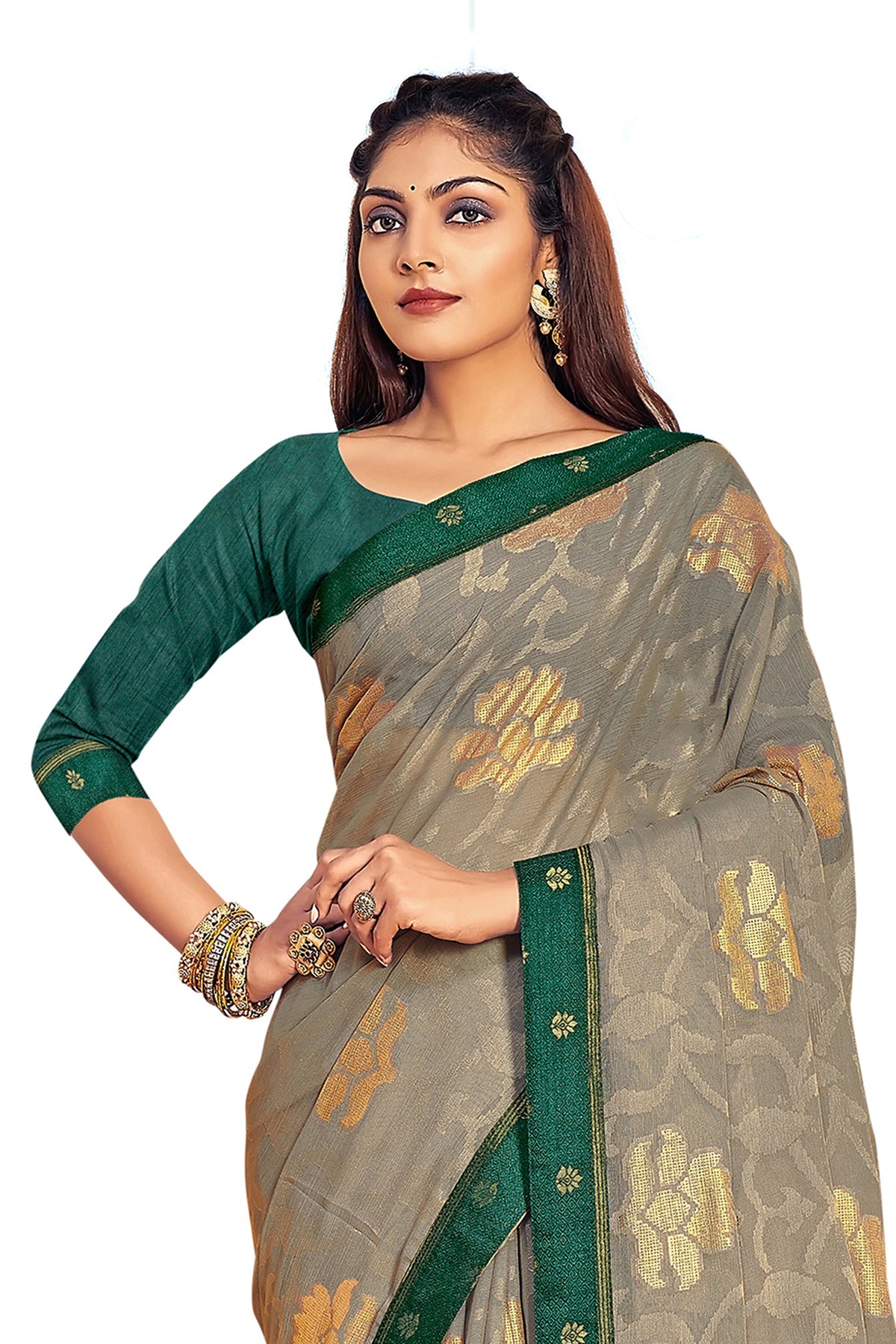 Vamika Grey Designer Chiffon Brasso Saree With Exclusive Banarasi Lace | Grocsy
