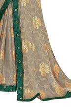 Vamika Grey Designer Chiffon Brasso Saree With Exclusive Banarasi Lace | Grocsy