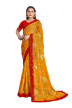 Vamika Yellow Designer Chiffon Brasso Saree With Exclusive Banarasi Lace | Grocsy