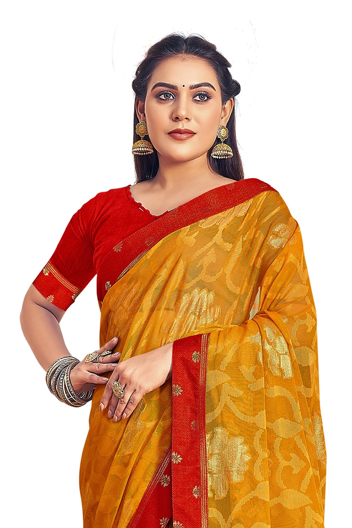 Vamika Yellow Designer Chiffon Brasso Saree With Exclusive Banarasi Lace | Grocsy