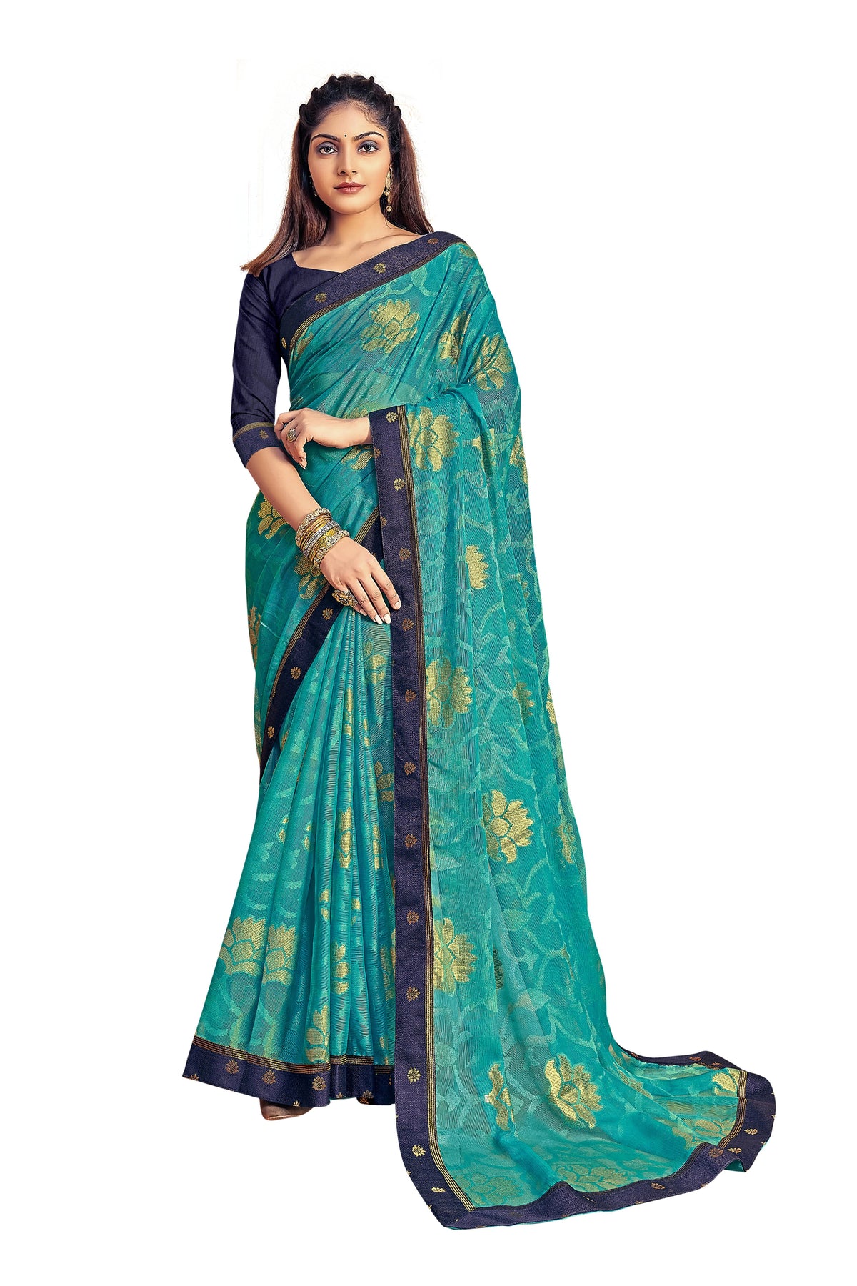 Vamika Rama Green Designer Chiffon Brasso Saree With Exclusive Banarasi Lace | Grocsy