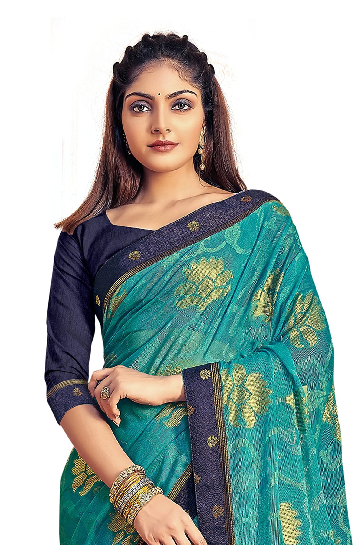 Vamika Rama Green Designer Chiffon Brasso Saree With Exclusive Banarasi Lace | Grocsy