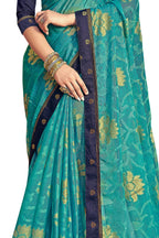 Vamika Rama Green Designer Chiffon Brasso Saree With Exclusive Banarasi Lace | Grocsy